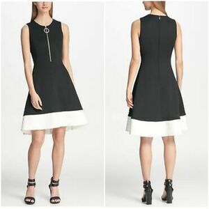 DKNY Dress, Size 4, Black White Front Zip Fit Flare Mini Design Sleeveless